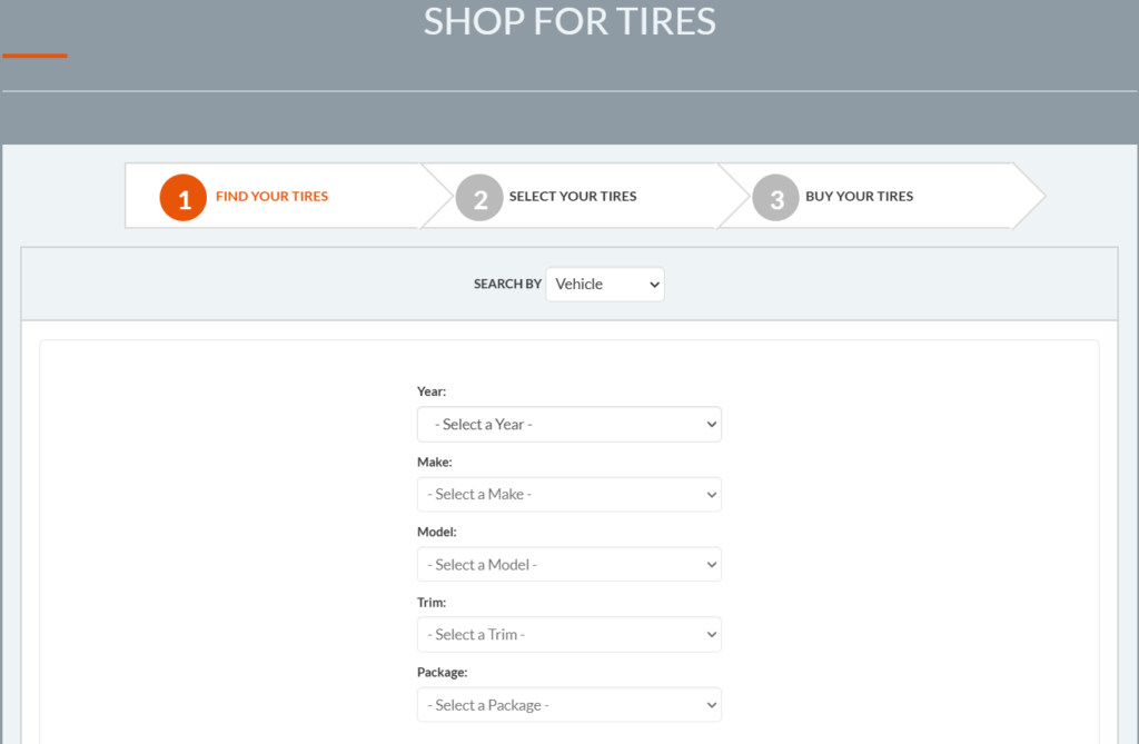 Main menu for tire shopping